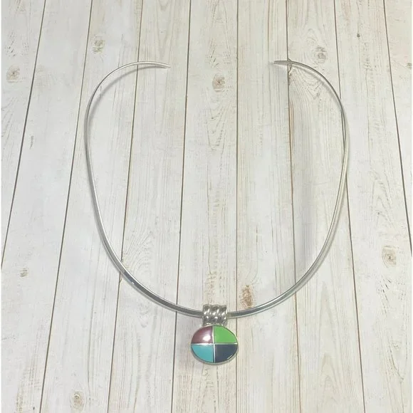 Vintage 925 Choker Necklace Multi Gemstone Pendant Modernist 15 inches - Picture 3 of 7